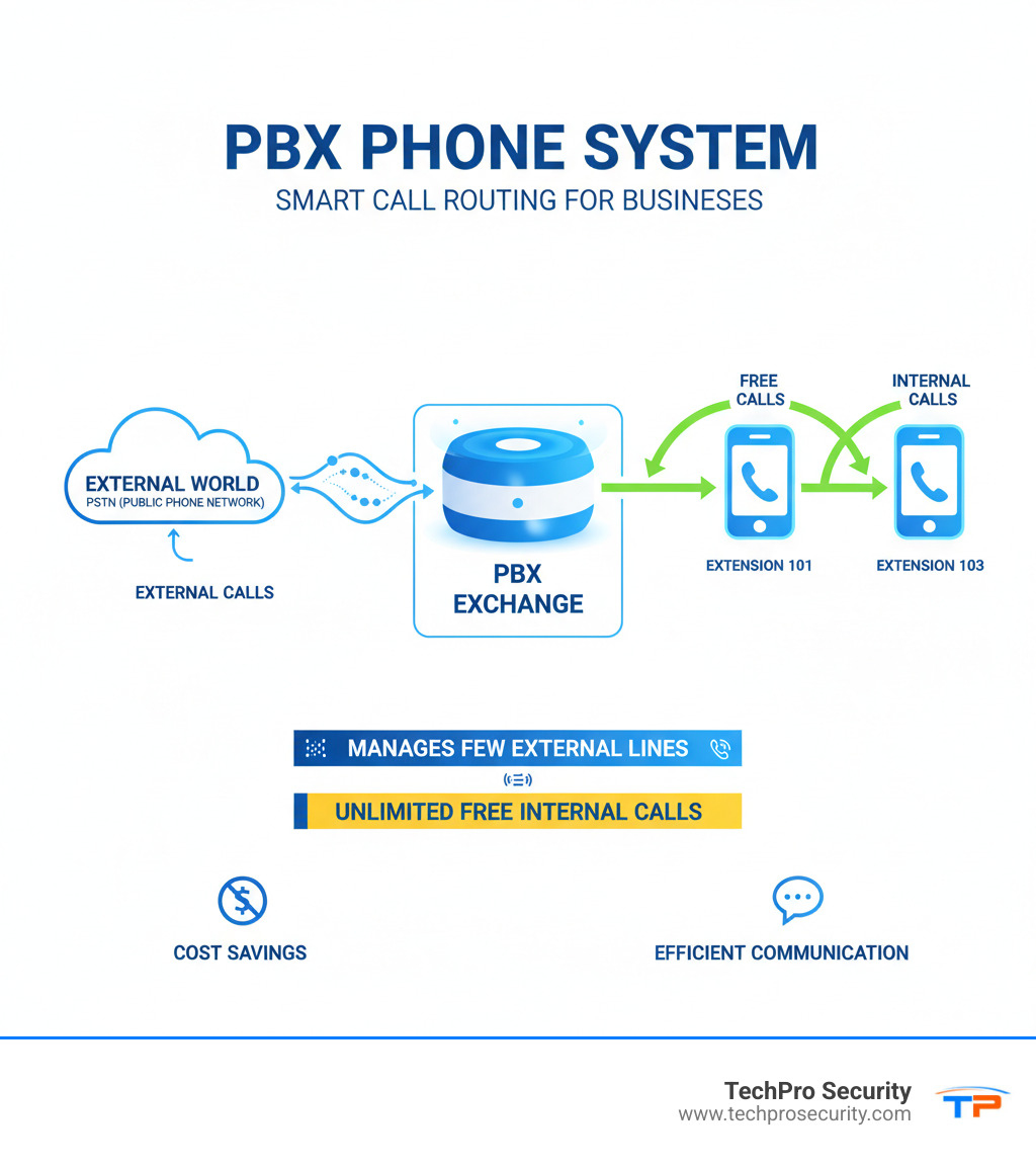 infographic showing how a PBX system routes internal calls for free between office extensions while managing a few external phone lines for the entire organization, with arrows indicating call flow from external PSTN to PBX to internal extensions - PBX phone system infographic infographic showing how a PBX system routes internal calls for free between office extensions while managing a few external phone lines for the entire organization, with arrows indicating call flow from external PSTN to PBX to internal extensions - PBX phone system infographic
