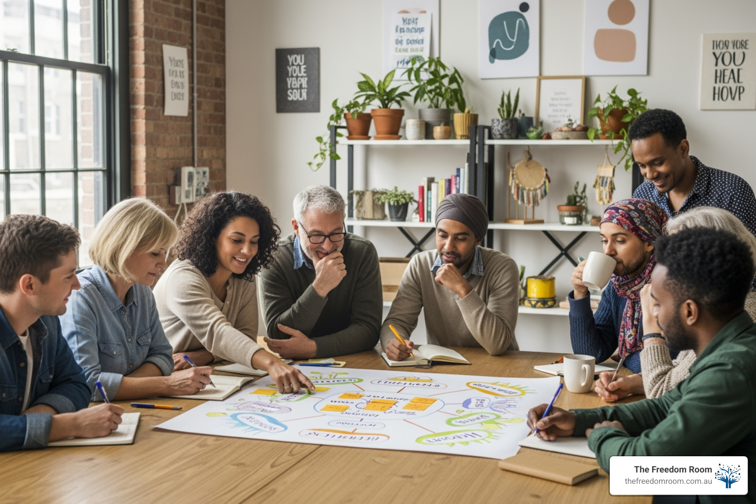 Diverse group collaborating on a mind map, demonstrating effective conflict resolution techniques through shared goals and teamwork.