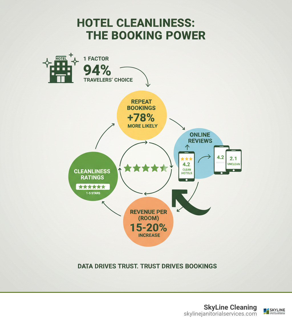 infographic showing the correlation between hotel cleanliness ratings (1-5 stars) and guest booking conversion rates, with cleanliness as the #1 factor influencing 94% of travelers' decisions, followed by impacts on repeat bookings (78% more likely with excellent cleanliness), online review scores (average 4.2 stars for clean hotels vs 2.1 for unclean), and revenue per available room (RevPAR) increases of 15-20% for hotels maintaining superior cleanliness standards - cleaning services for hotels infographic 