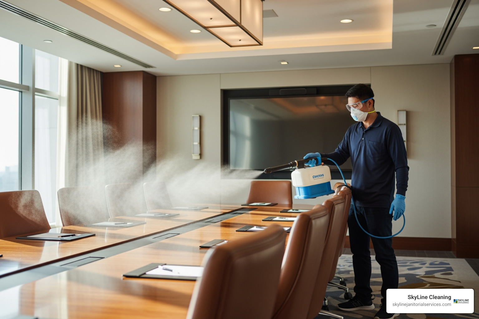 a cleaning professional using an electrostatic sprayer in a hotel conference room - cleaning services for hotels