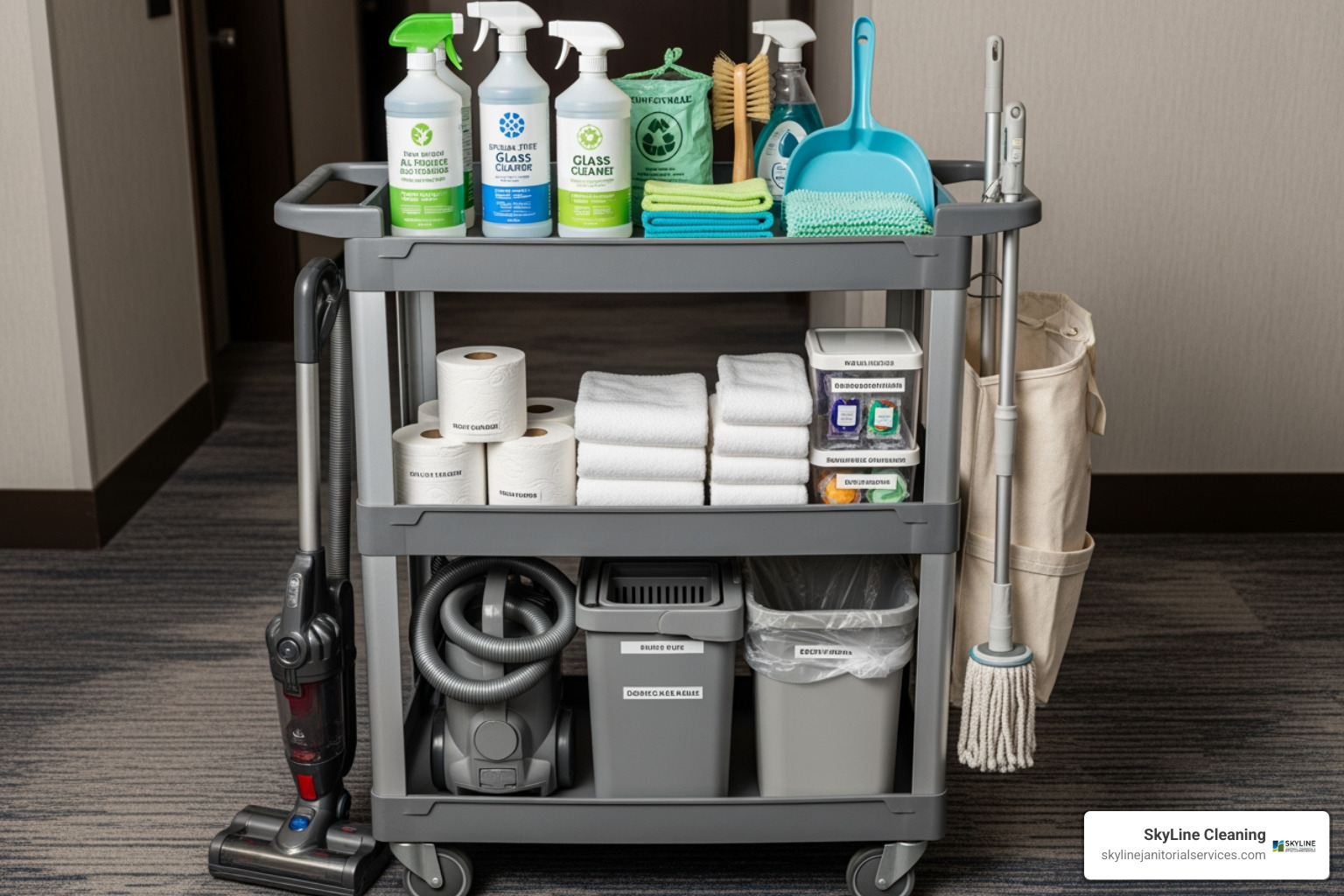 a neatly organized housekeeping cart with eco-friendly supplies - cleaning services for hotels