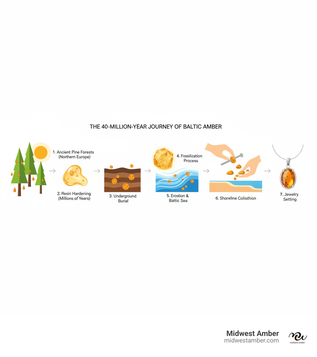 Infographic showing the 40-million-year journey of Baltic amber: starting with ancient pine forests in Northern Europe, tree resin dripping and hardening, being buried underground for millions of years, fossilization process transforming resin into amber, erosion washing pieces into the Baltic Sea, collection from shorelines, cutting and polishing by artisans, and finally being set into jewelry - amber jewelry for sale near me infographic 