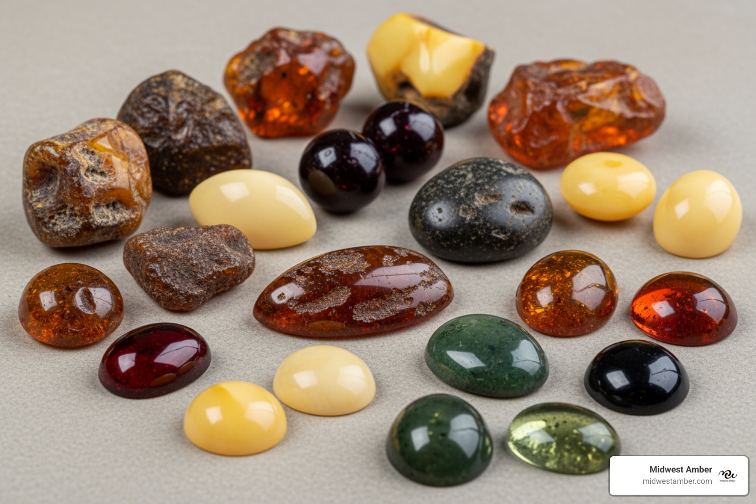 Image of various raw and polished amber pieces showcasing different colors: honey, cognac, cherry, butterscotch, green, and black. - amber jewelry for sale near me