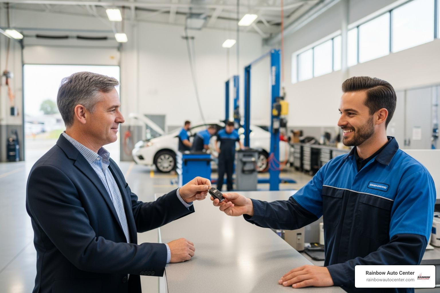 A car owner handing their keys to a smiling technician at a Hayward collision repair center, symbolizing trust and efficient service - insurance claims assistance network