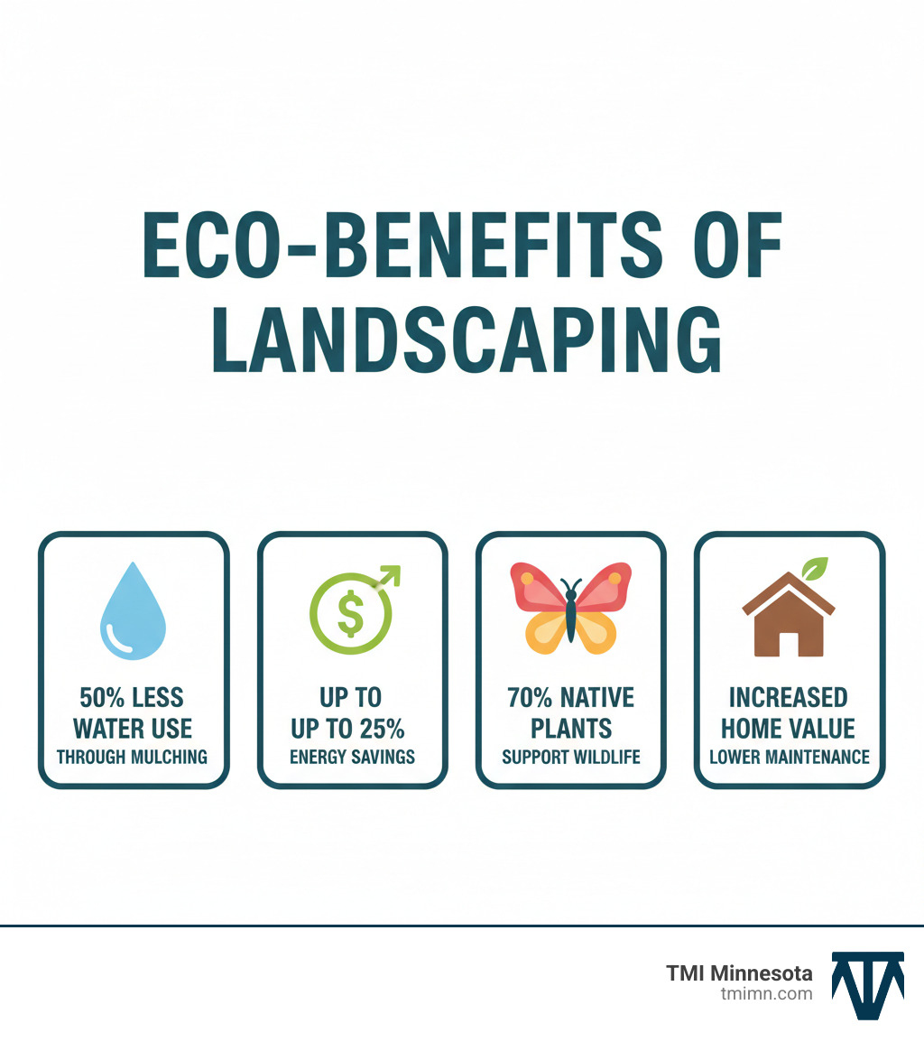 Infographic showing the core benefits of eco-friendly landscaping: a water droplet icon with "50% Less Water Use Through Mulching", a dollar sign with "Up to 25% Energy Savings", a butterfly icon with "70% Native Plants Support Wildlife", and a house icon with "Increased Home Value & Lower Maintenance Costs" - Eco-friendly landscaping tips infographic 