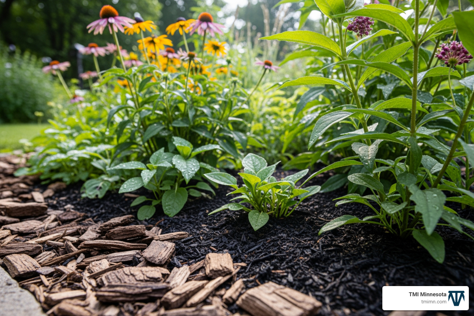 A garden bed with rich compost and mulch around native Minnesota plants - Eco-friendly landscaping tips