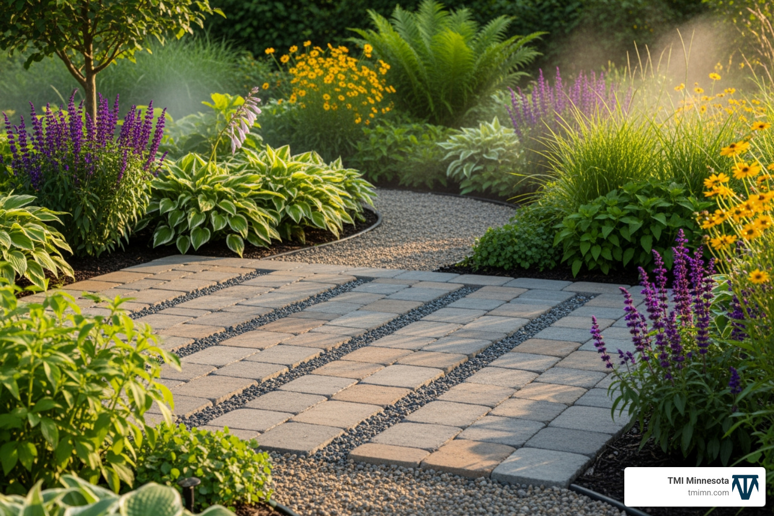 A permeable paver patio integrated with garden beds - Eco-friendly landscaping tips