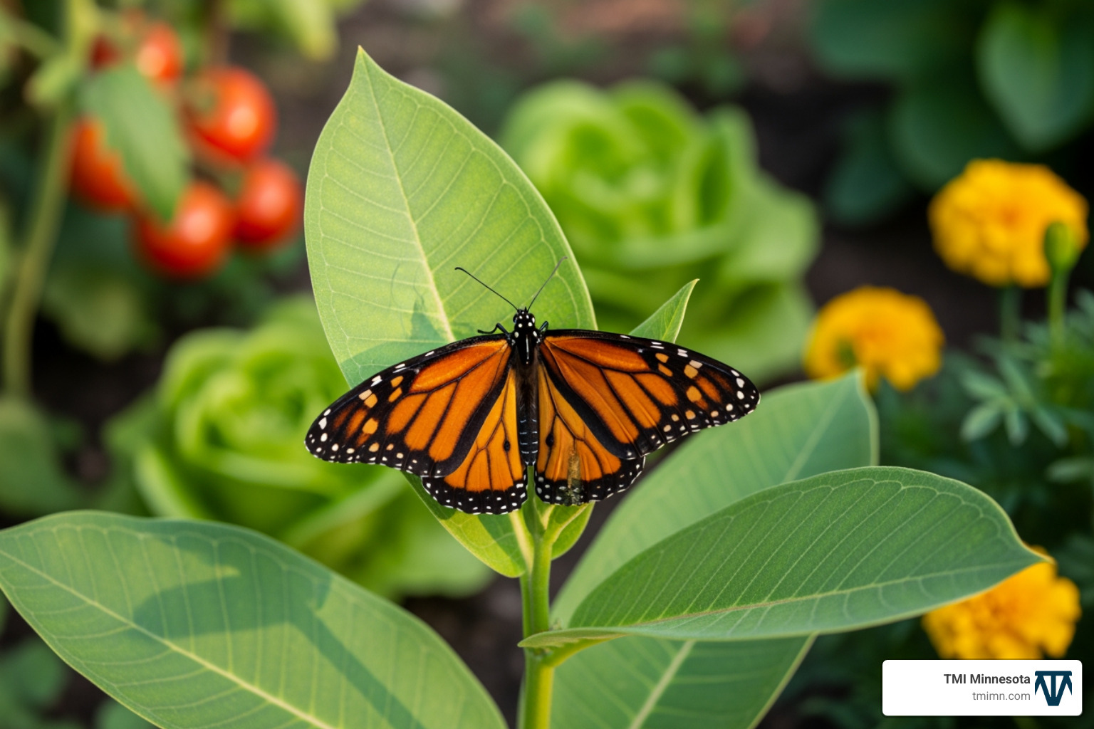 A monarch butterfly on a milkweed plant in an edible garden - Eco-friendly landscaping tips