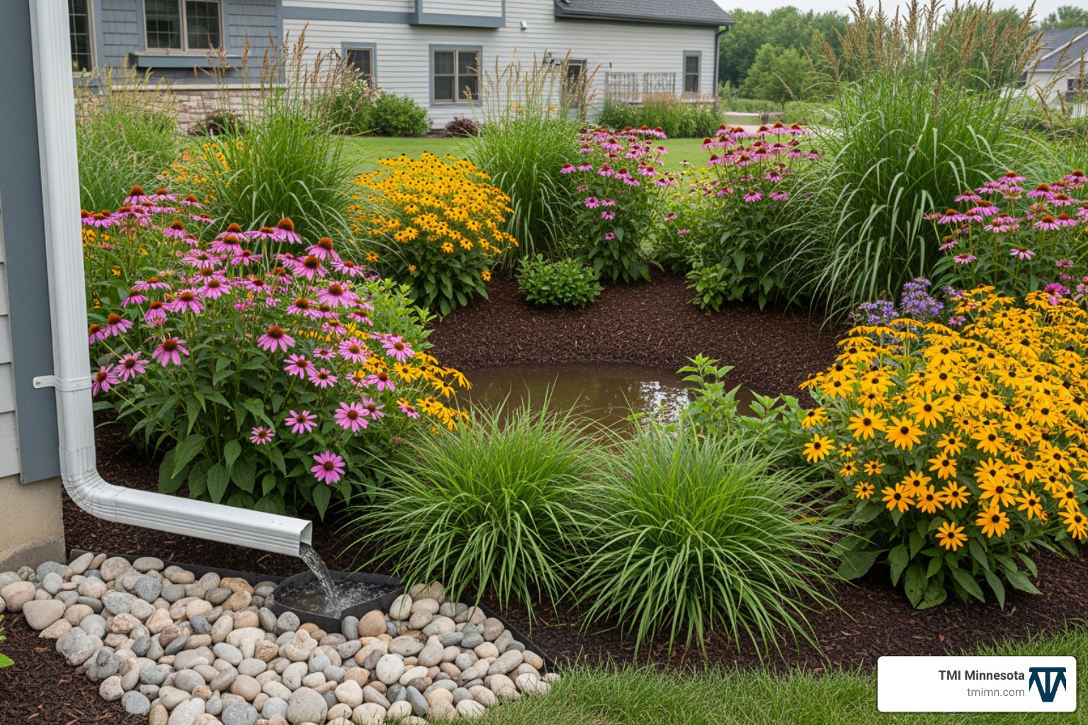 A functional rain garden capturing roof runoff - Eco-friendly landscaping tips