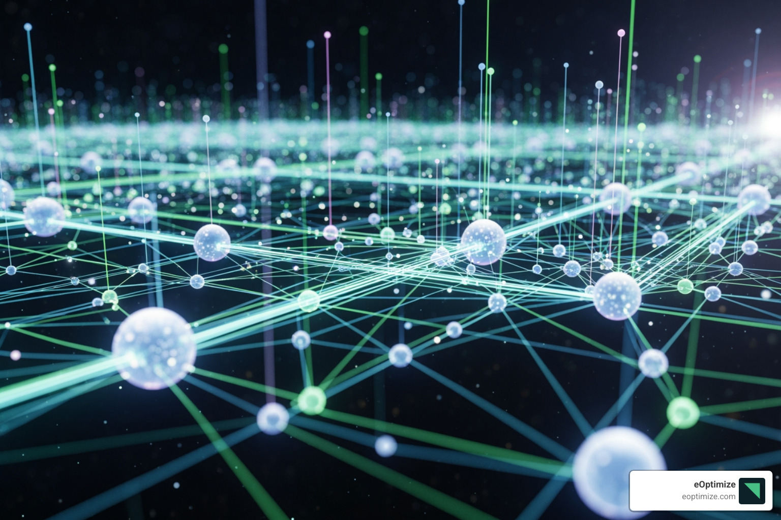 Complex web of interconnected data points representing the future internet ecosystem - AI search impact