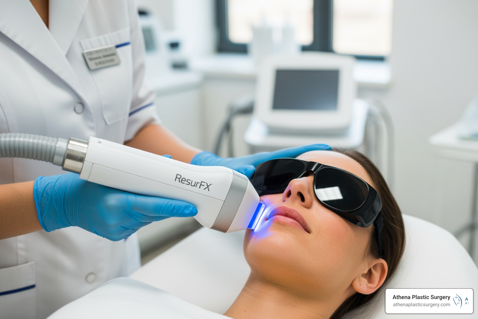 Illustration of the ResurFX laser targeting the dermal layer without harming the epidermis, showing laser beams penetrating below the skin surface to stimulate collagen and elastin production - resurfx laser treatment Illustration of the ResurFX laser targeting the dermal layer without harming the epidermis, showing laser beams penetrating below the skin surface to stimulate collagen and elastin production - resurfx laser treatment