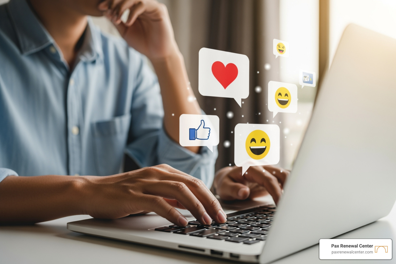 of a person thoughtfully typing on a keyboard with chat bubbles showing positive emojis; Practical techniques; Making interactions personal; Communication strategies; Leveraging technology; Active listening; Validation - Online relationship building