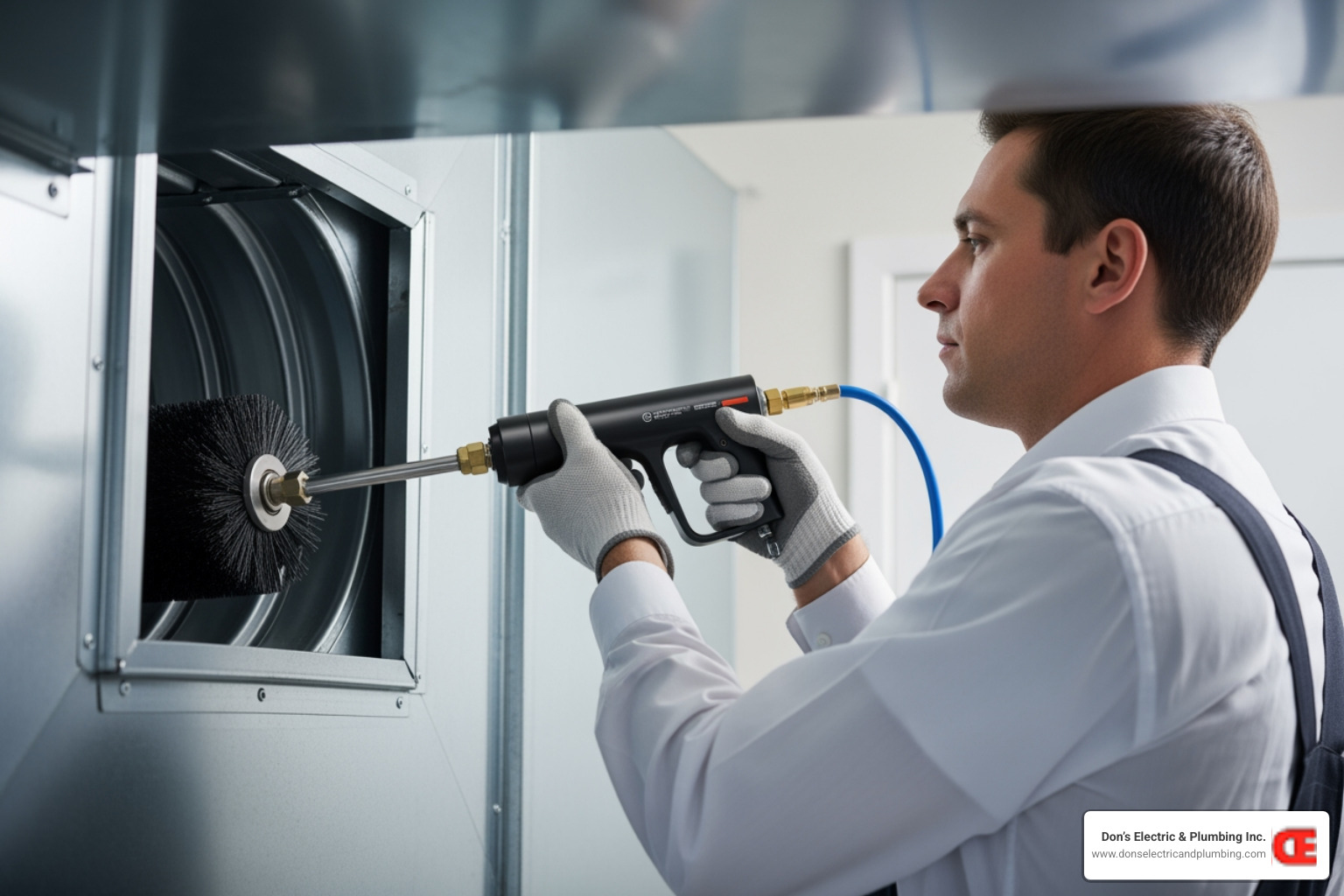 A professional HVAC technician using a specialized rotary brush tool to clean inside a residential air duct - duct cleaning cobleskill A professional HVAC technician using a specialized rotary brush tool to clean inside a residential air duct - duct cleaning cobleskill