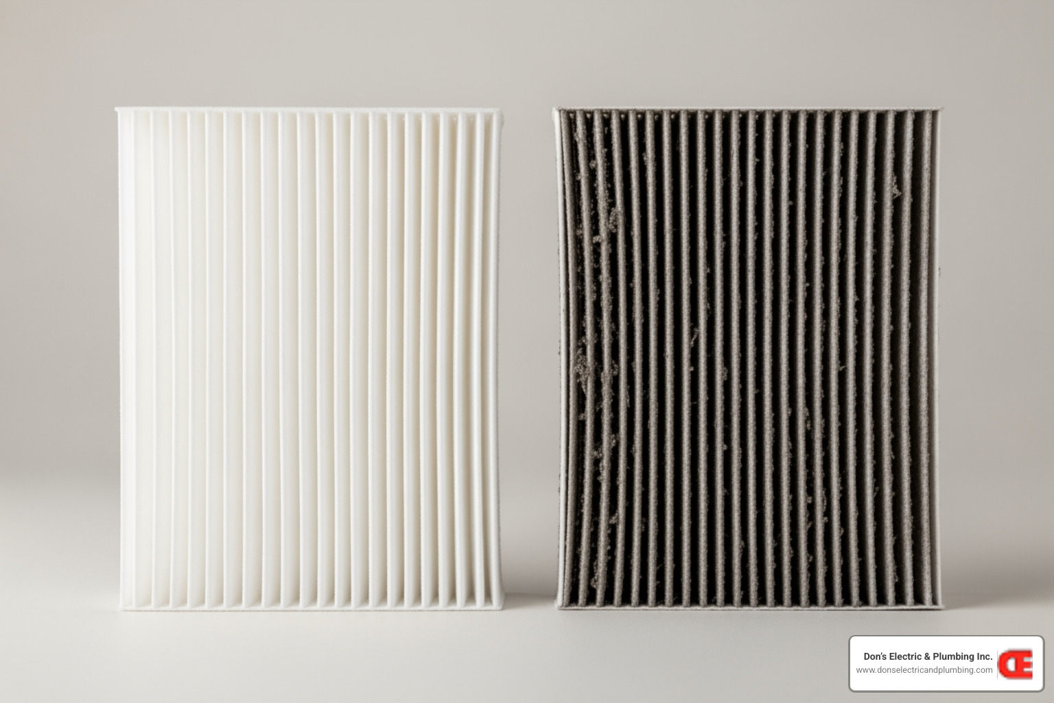 A clean, white air filter next to a heavily soiled, dark air filter - duct cleaning cobleskill A clean, white air filter next to a heavily soiled, dark air filter - duct cleaning cobleskill