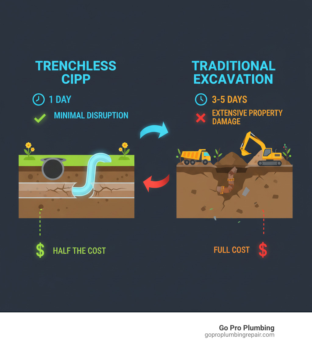 Infographic showing CIPP pipe lining process versus traditional excavation: On left, minimal access point with liner insertion into existing pipe underground with intact landscaping above. On right, traditional method showing full trench excavation with removed landscaping, heavy equipment, and exposed pipe replacement. Labels indicate CIPP takes 1 day vs 3-5 days for traditional, minimal disruption vs extensive property damage, and half the typical cost. - Cured in place pipe infographic 