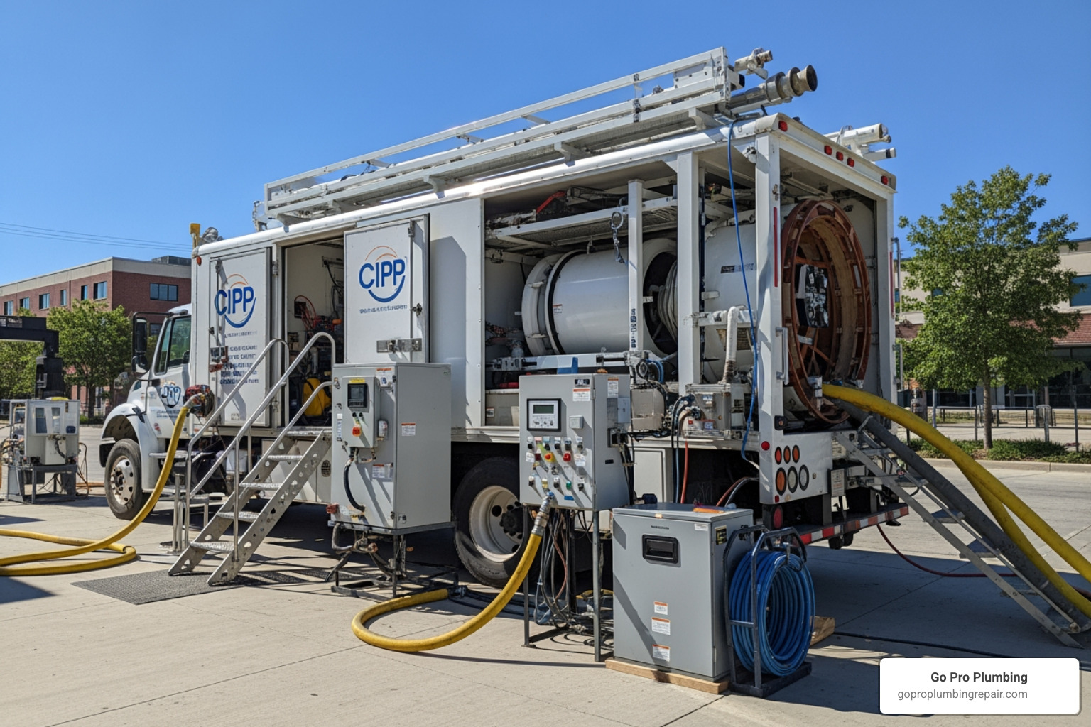 CIPP installation truck and equipment on-site - Cured in place pipe