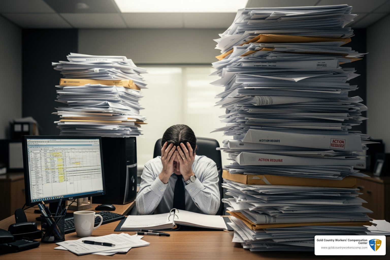 Person overwhelmed by stack of official-looking forms - Roseville SSI benefits lawyer