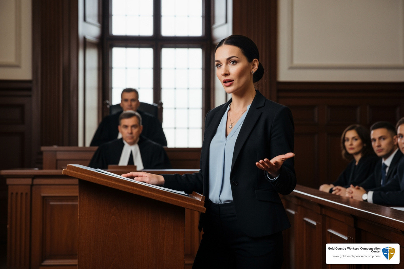 Lawyer confidently speaking in a hearing room setting - Roseville SSI benefits lawyer