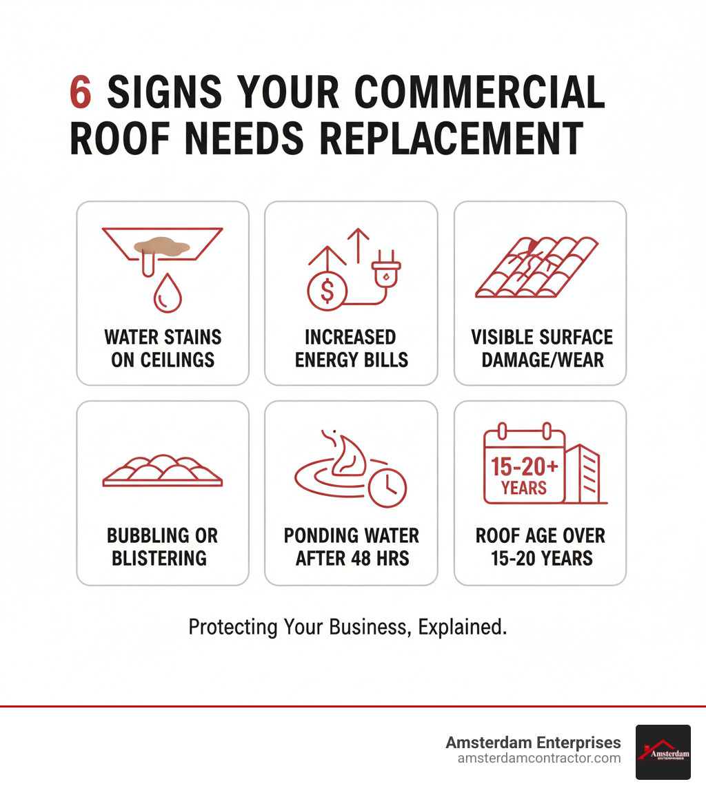 infographic showing six key signs a commercial roof needs replacement: water stains on ceilings, unexplained increase in energy bills, visible surface damage or wear, bubbling or blistering membrane, ponding water after 48 hours, and roof age over 15-20 years - local commercial roof replacement infographic 
