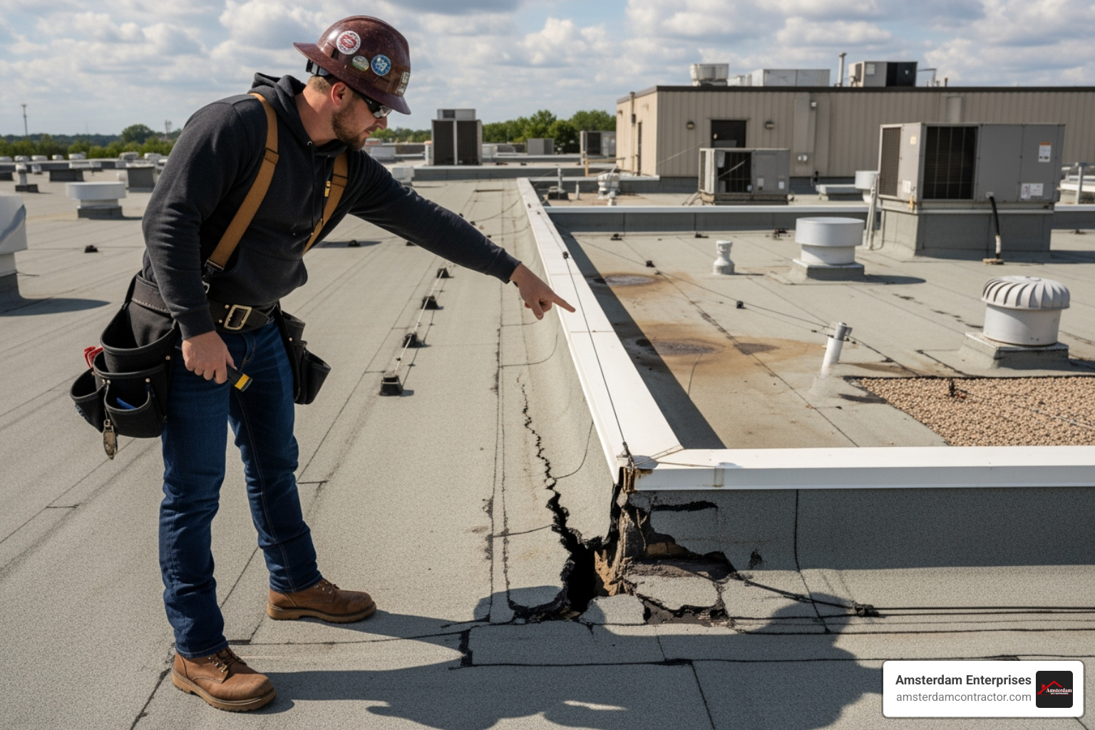 A roofer inspecting a damaged commercial roof, pointing at a crack - local commercial roof replacement