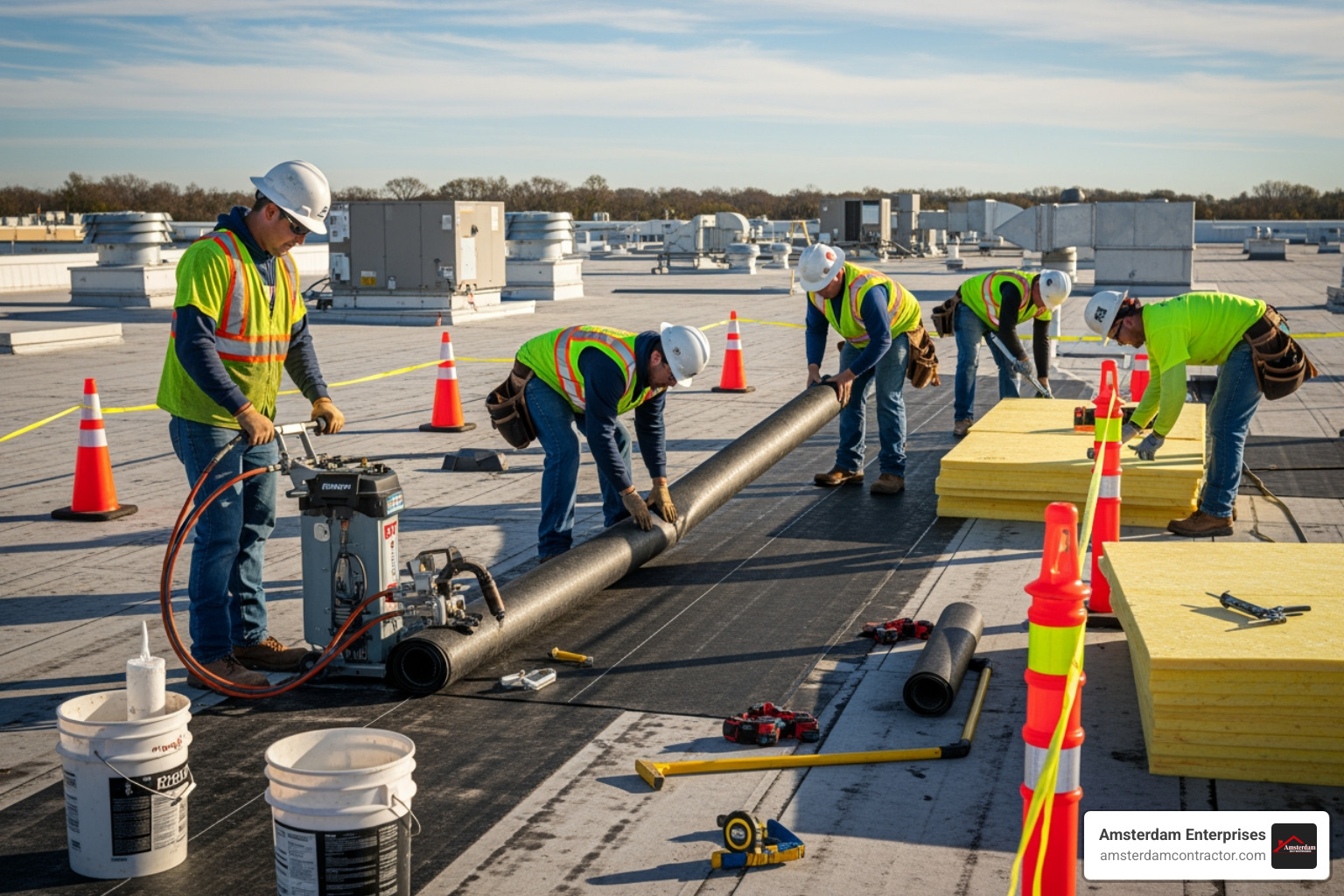A roofing crew safely working on a large commercial roof, with safety cones and barriers visible - local commercial roof replacement