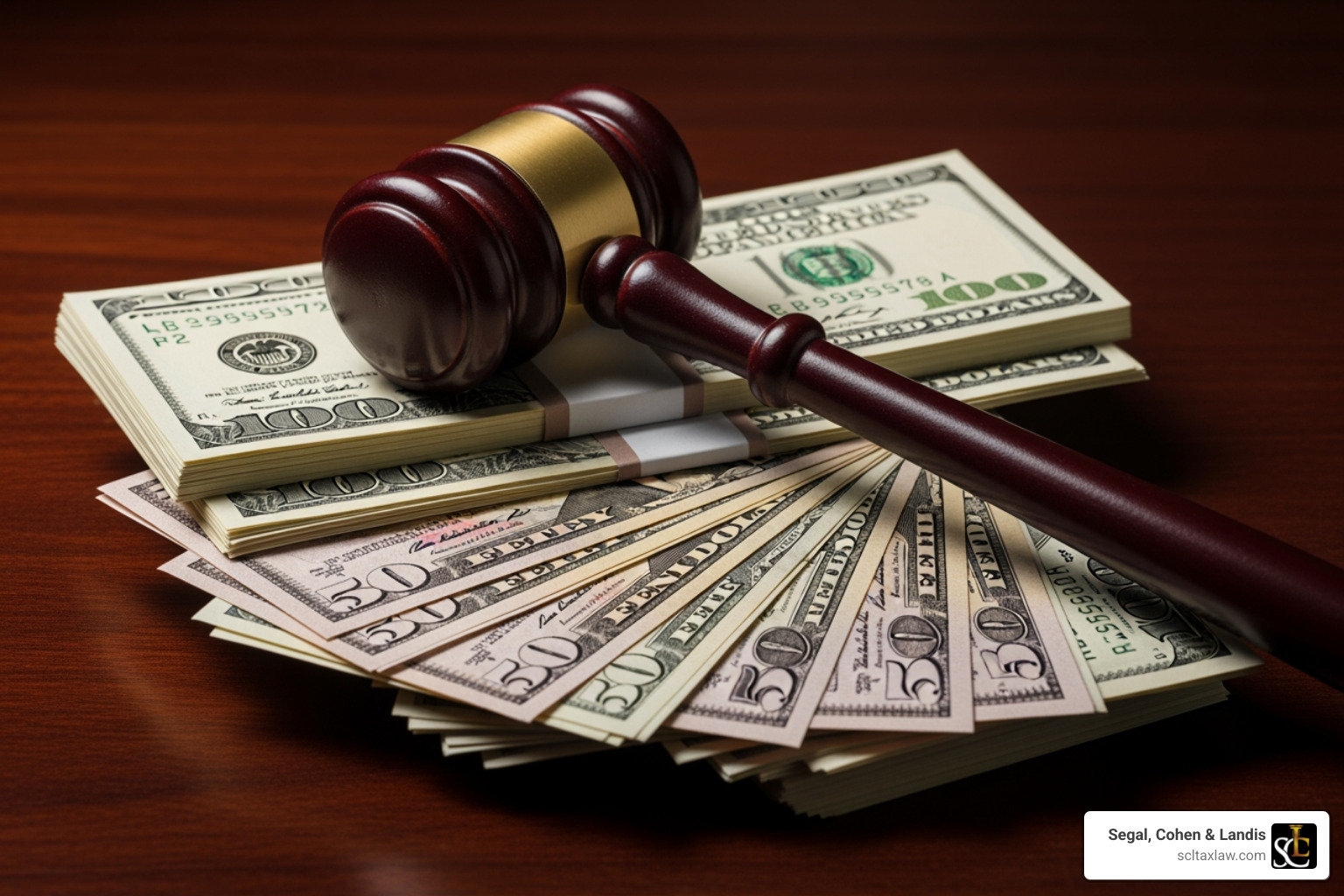 gavel and stacks of money representing financial penalties - Foreign bank account reporting