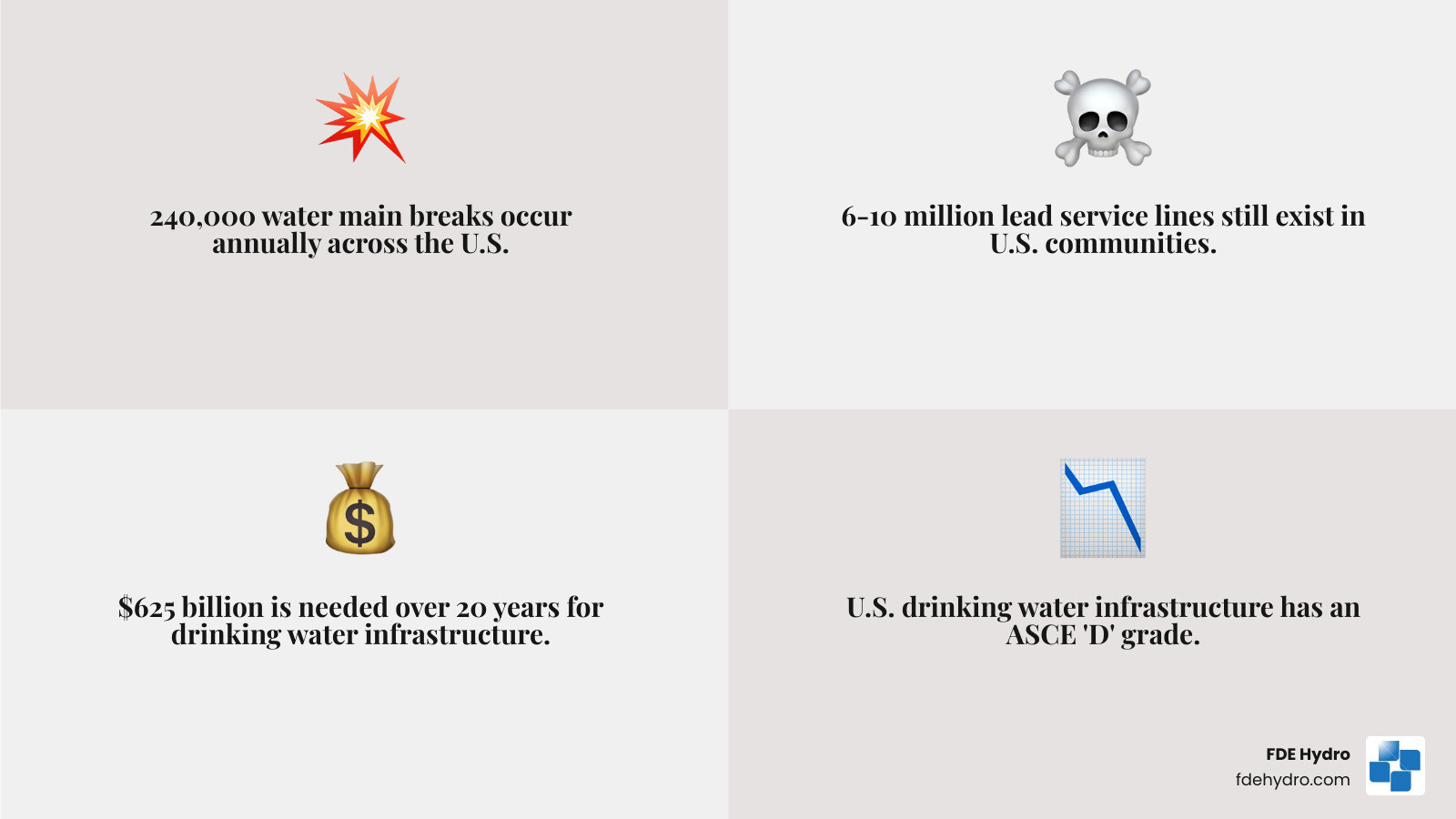 Infographic showing the U.S. water infrastructure crisis: 240,000 water main breaks per year, 6-10 million lead service lines, $625 billion investment needed over 20 years, ASCE Grade D rating, 25% average cost reduction with WIFIA financing, and $50 billion from the Infrastructure Investment and Jobs Act - water infrastructure projects infographic 4_facts_emoji_grey