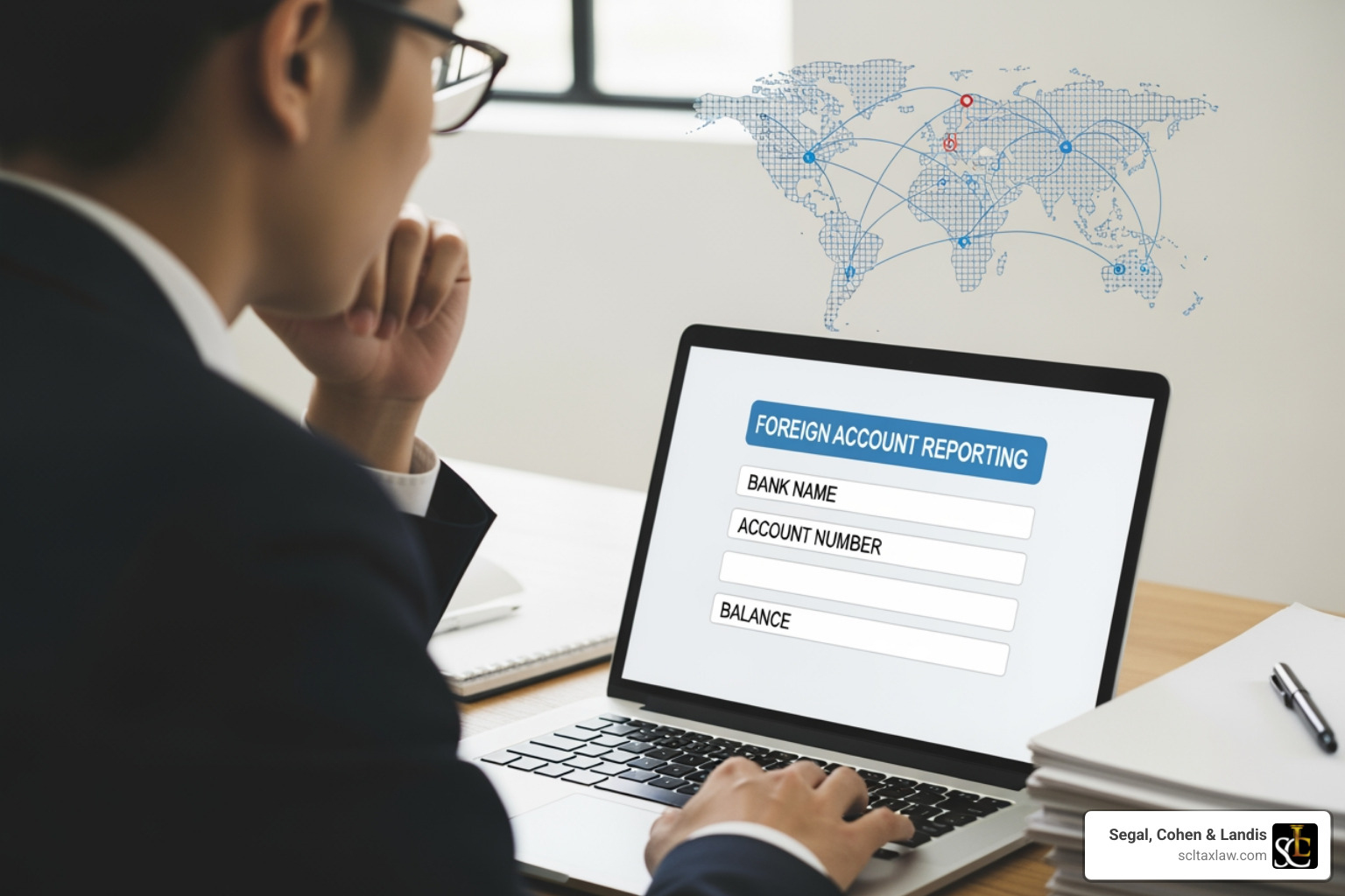 person at a computer screen showing the FinCEN filing portal - Foreign bank account reporting