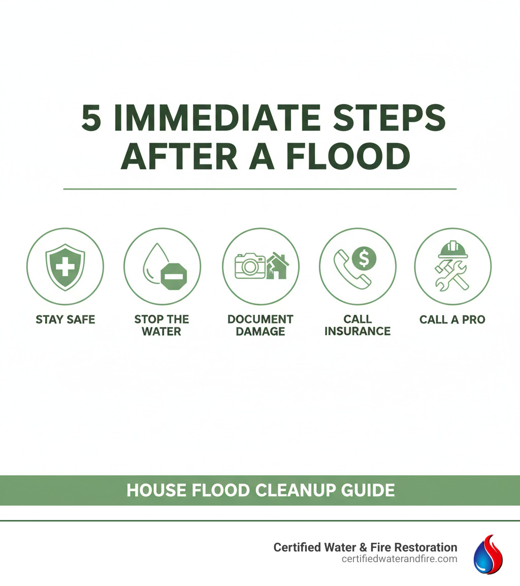 infographic explaining the 5 immediate steps after a flood: Stay Safe, Stop the Water, Document Damage, Call Insurance, Call a Pro - House flood cleanup infographic 
