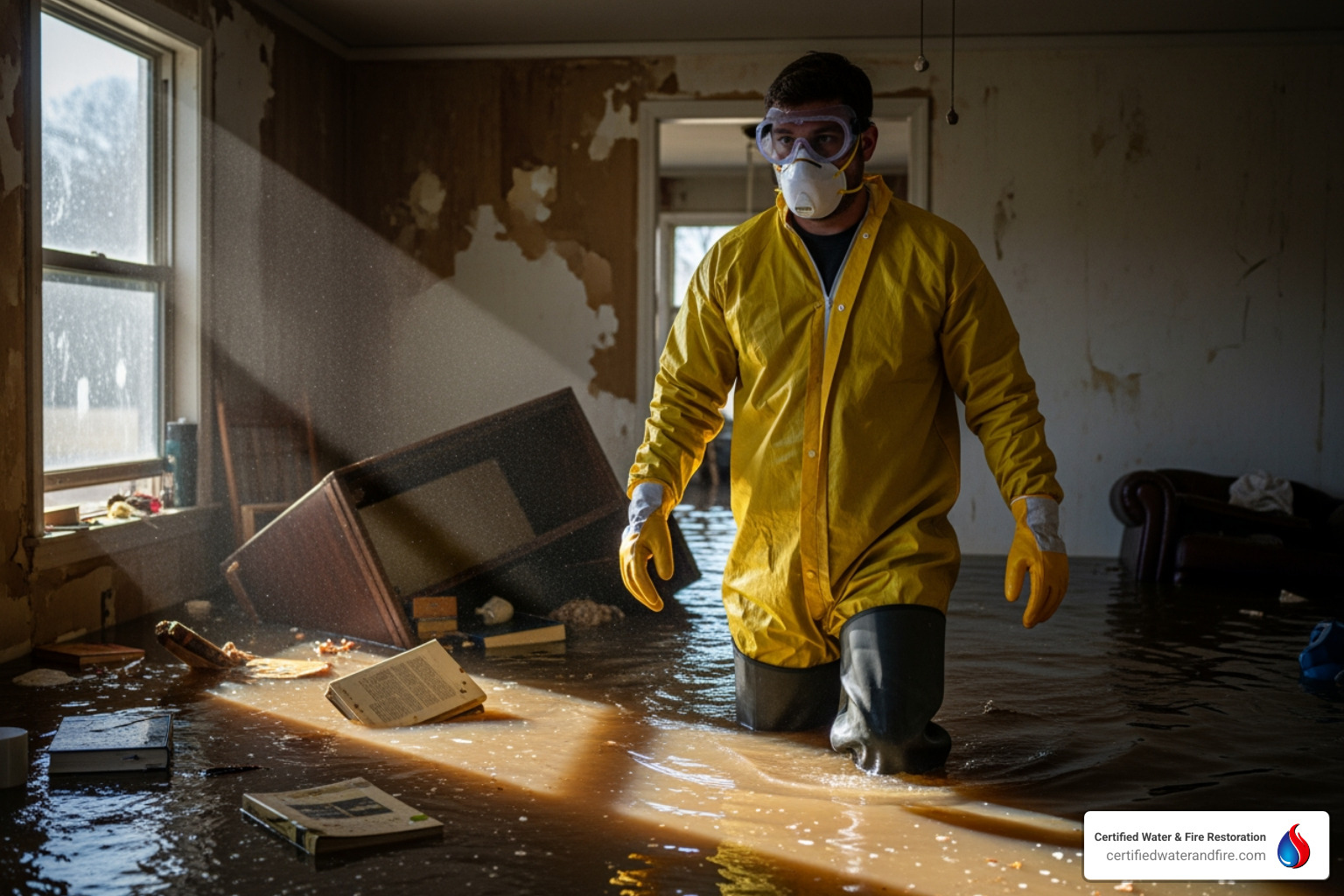 person wearing full PPE (N95 mask, goggles, gloves, boots) - House flood cleanup