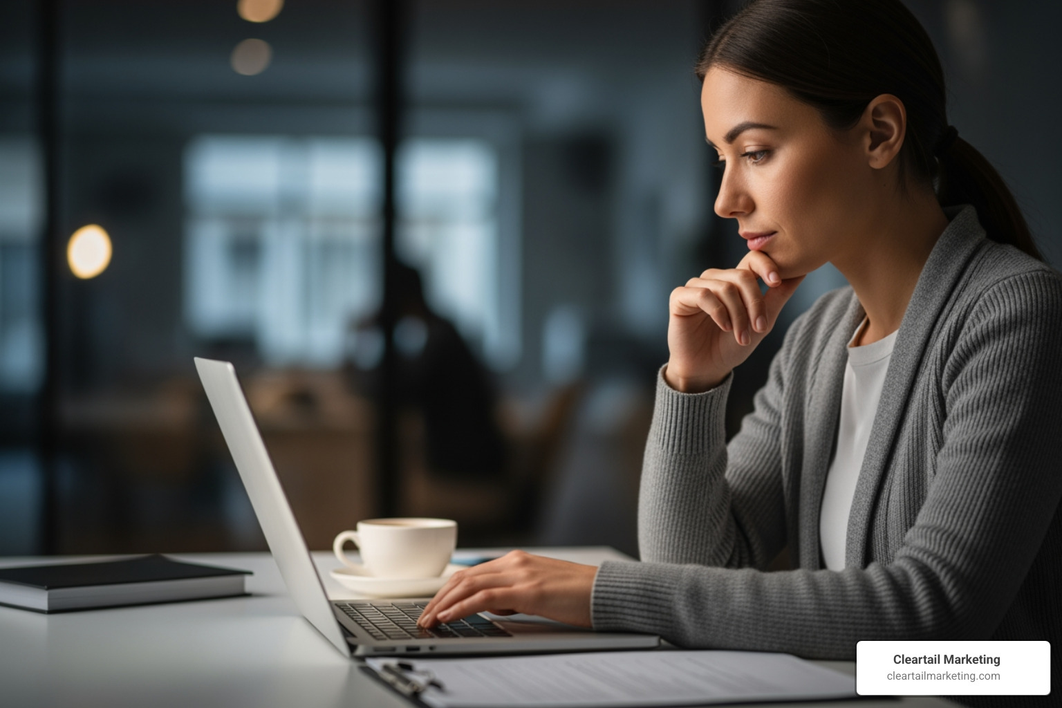 Person typing a thoughtful response on a laptop - Crisis management social
