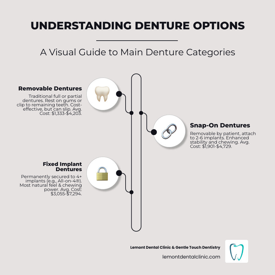 Infographic showing the three main categories of dentures: Removable Dentures (including full and partial), Implant-Retained Dentures (snap-on style, removable by patient), and Fixed Implant Dentures (permanent, secured to 4+ implants). Each category shows average cost ranges and key benefits like stability level and maintenance requirements. - types of dentures photos infographic infographic-line-3-steps-elegant_beige Infographic showing the three main categories of dentures: Removable Dentures (including full and partial), Implant-Retained Dentures (snap-on style, removable by patient), and Fixed Implant Dentures (permanent, secured to 4+ implants). Each category shows average cost ranges and key benefits like stability level and maintenance requirements. - types of dentures photos infographic infographic-line-3-steps-elegant_beige