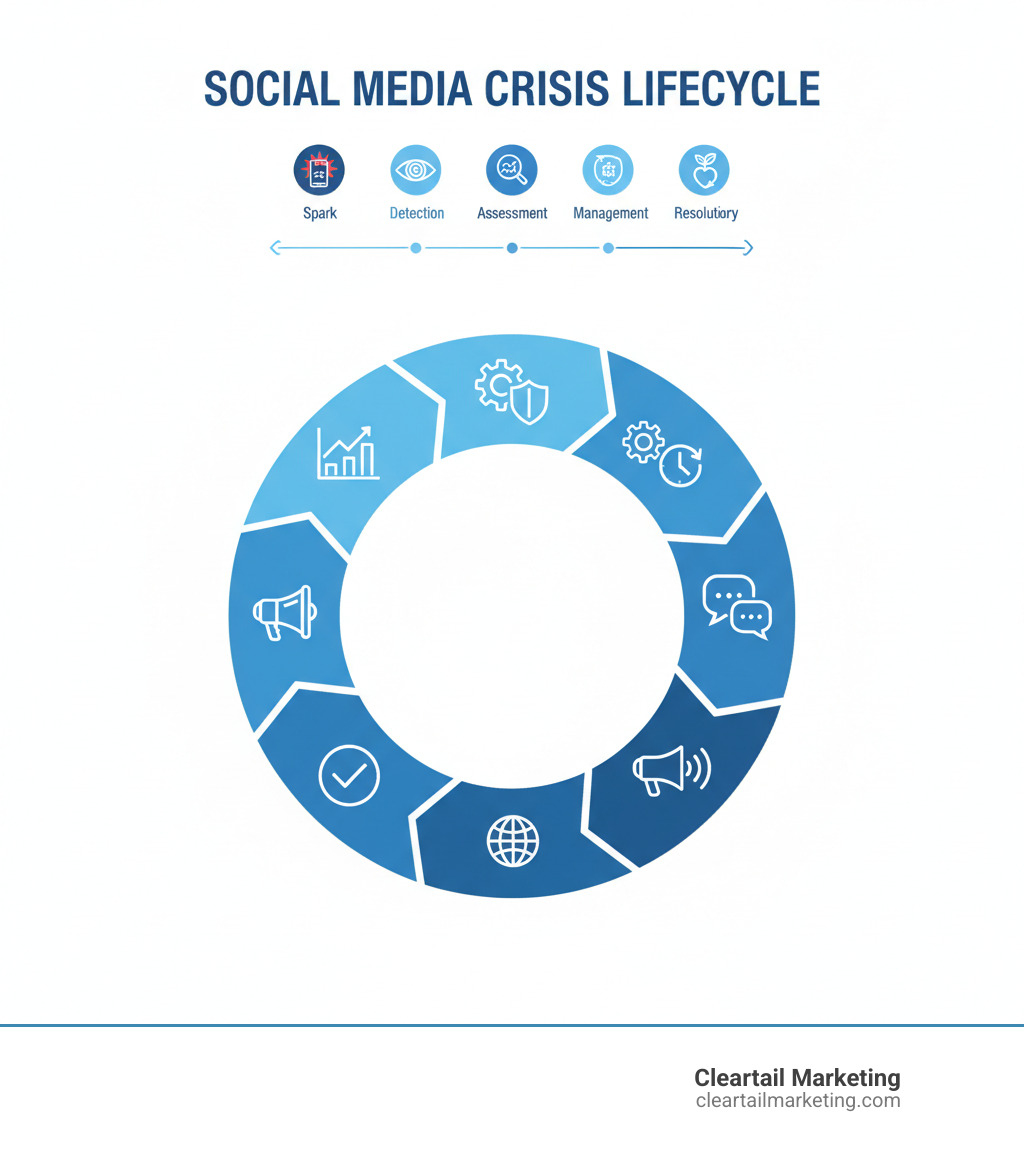 Infographic showing the lifecycle of a social media crisis: 1) Spark - initial negative post or event, 2) Detection - monitoring tools identify the issue, 3) Assessment - crisis team evaluates severity and impact, 4) Response - swift public acknowledgment and action plan, 5) Management - ongoing updates and stakeholder engagement, 6) Resolution - issue addressed and communicated, 7) Recovery - trust rebuilding and plan refinement - Crisis management social infographic 
