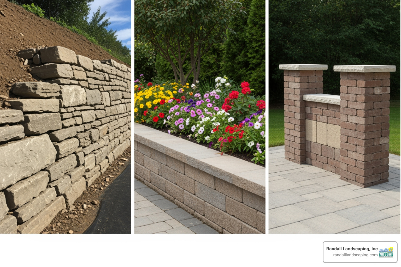 three walls side-by-side: a tall retaining wall holding back a slope, a low garden wall around a flower bed, and a double-sided freestanding wall on a patio - freestanding retaining wall