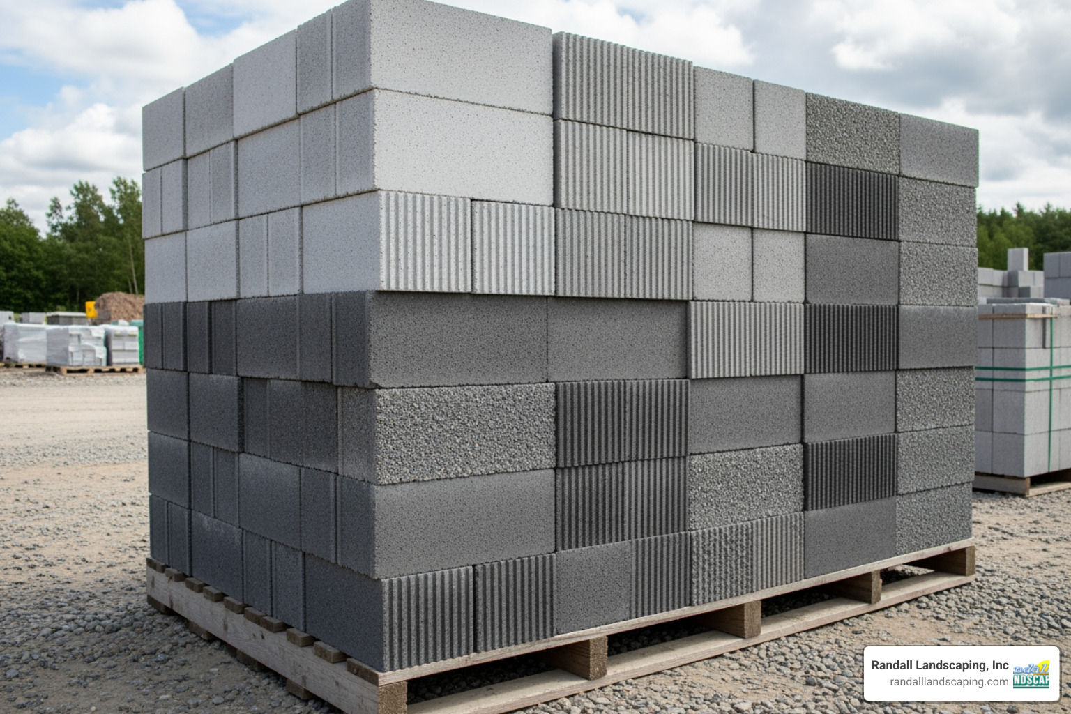 pallet of high-quality concrete wall blocks with varied textures - freestanding retaining wall