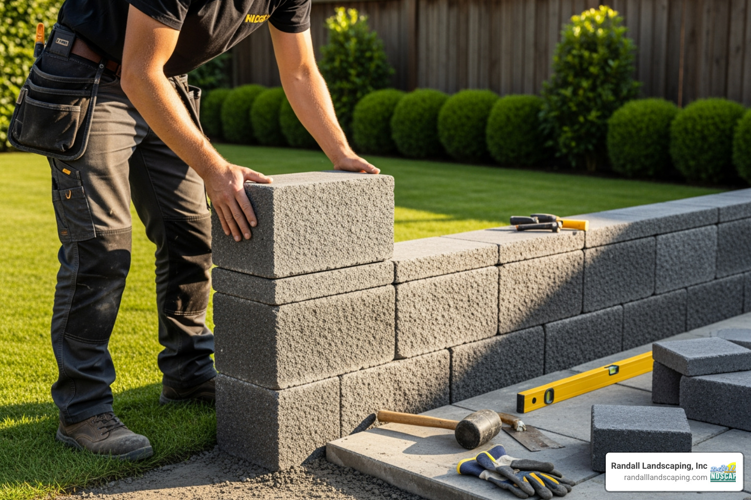 professional installing the capstones on a freestanding wall - freestanding retaining wall