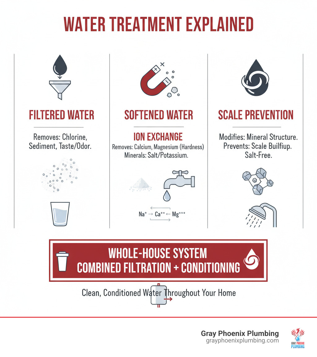 Infographic comparing filtered water (removes contaminants like chlorine and sediment), softened water (removes hardness minerals through ion exchange with salt), and conditioned water (alters mineral structure to prevent scale without removing minerals or using salt), showing the Halo 5 as a combination filtration and conditioning system - Halo 5 water filter reviews infographic 
