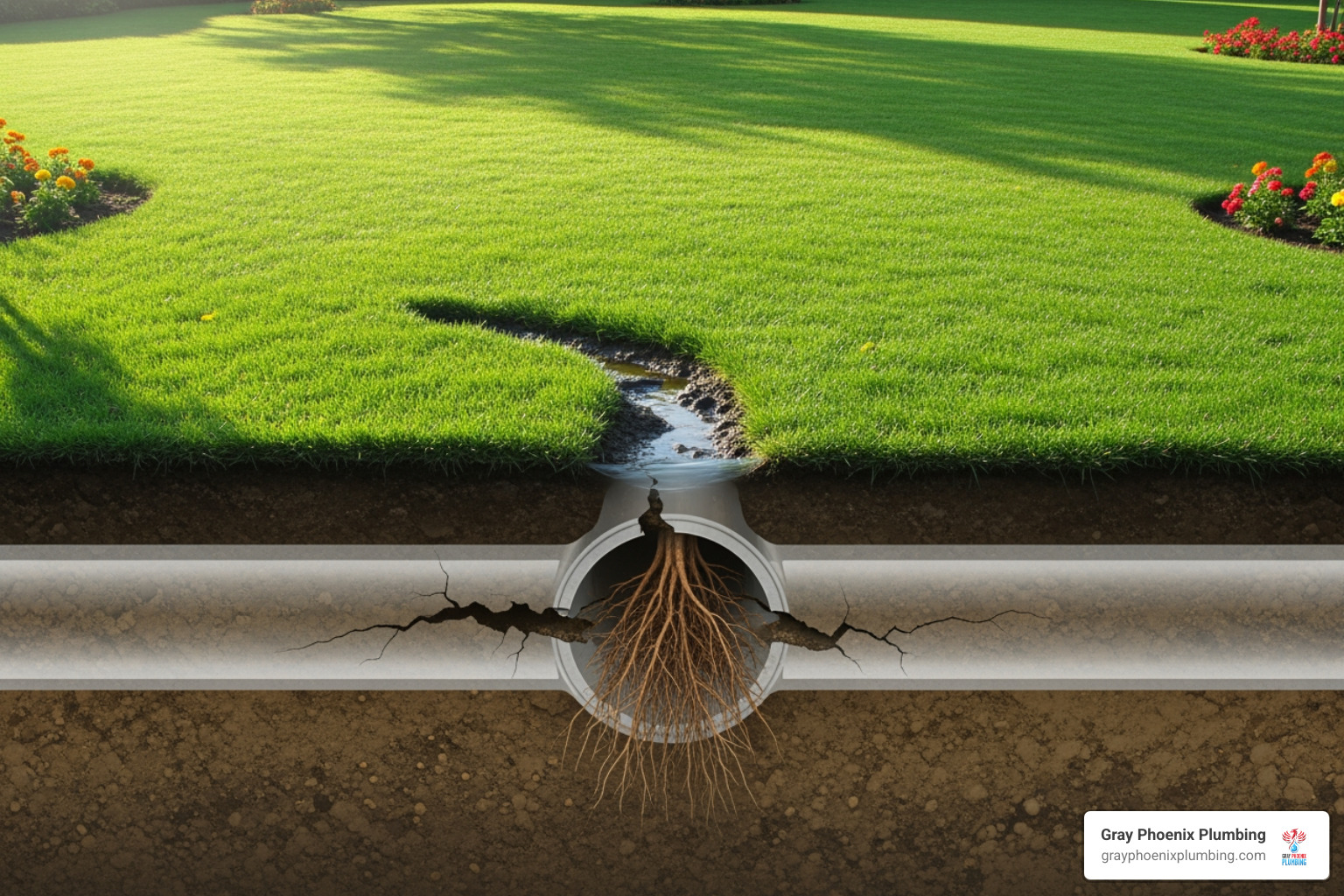beautiful yard with an overlay showing a problematic sewer line underground - sewer inspection near me