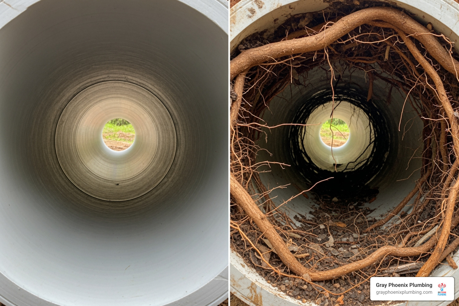split-screen showing a clear pipe versus a pipe with tree root intrusion - sewer inspection near me