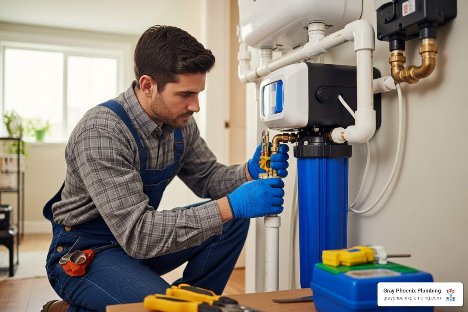 Plumber from Gray Phoenix Plumbing installing a water filtration system - Halo 5 water filter reviews