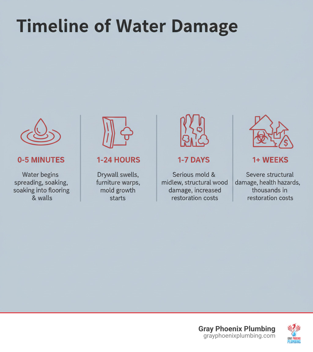 Infographic showing the timeline of water damage: 0-5 minutes: water begins spreading and soaking into flooring and walls; 1-24 hours: drywall begins to swell, furniture warps, mold growth starts; 1-7 days: serious mold and mildew growth, structural damage to wood, increased restoration costs; 1+ weeks: potential for severe structural damage, health hazards from mold, and restoration costs in the thousands - same day local plumbing infographic 