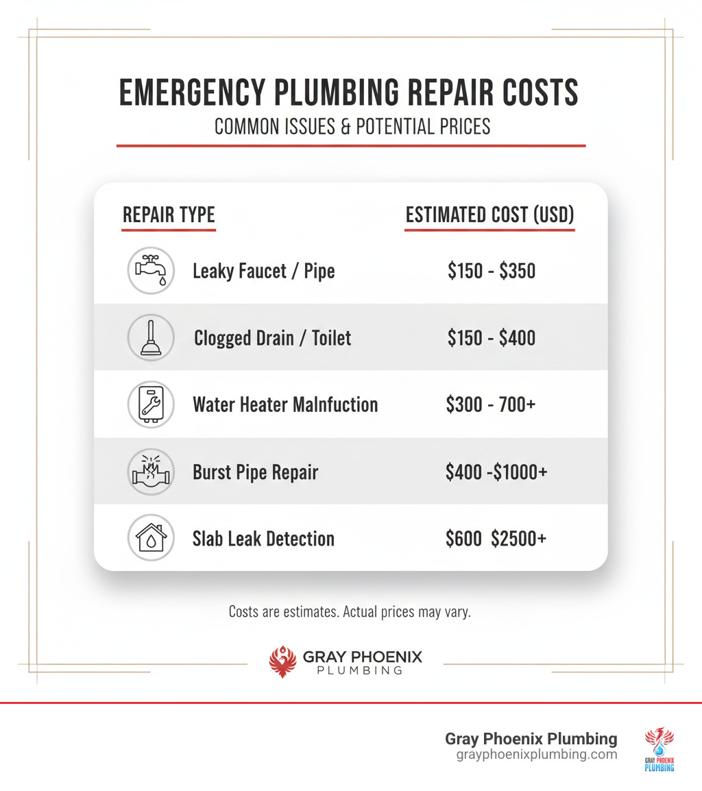 table comparing potential costs for common emergency repairs - same day local plumbing infographic
