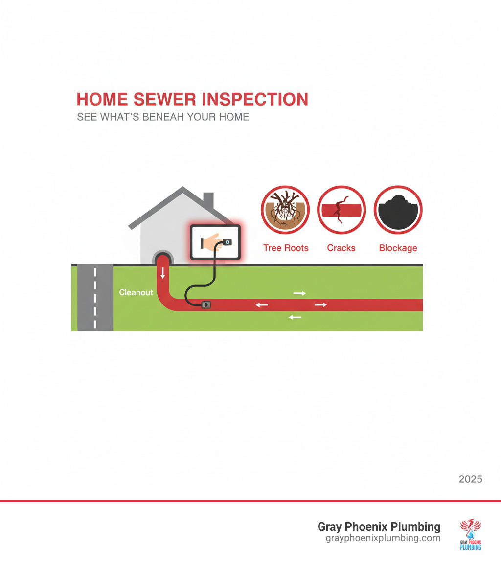 infographic showing a cross-section of a home with a sewer line running from the house to the street, with a camera being inserted at a cleanout point, displaying common issues like tree roots, cracks, and blockages on a monitor screen - sewer inspection near me infographic 