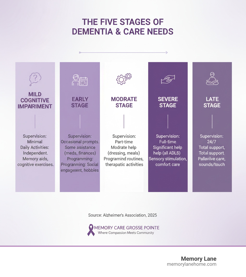 infographic showing the five stages of dementia from early stage mild cognitive impairment through severe late stage dementia, with corresponding care needs at each level including supervision requirements, assistance with daily activities, and specialized programming needs - memory care Grosse Pointe infographic 