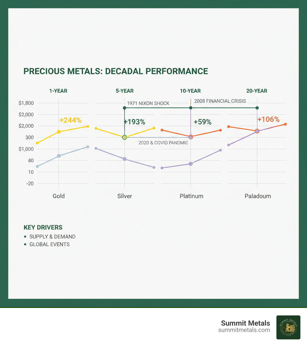infographic showing gold silver platinum and palladium price performance over 1 year 5 years 10 years and 20 years with major economic events marked including 2008 financial crisis COVID pandemic and Nixon Shock with percentage gains and key price levels - precious metal price history infographic 