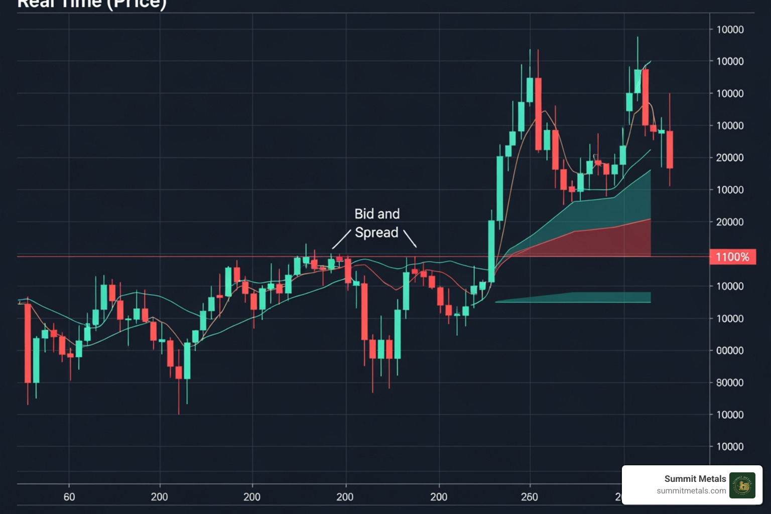 price chart annotated to show the bid price, ask price, and the spread - precious metal price history