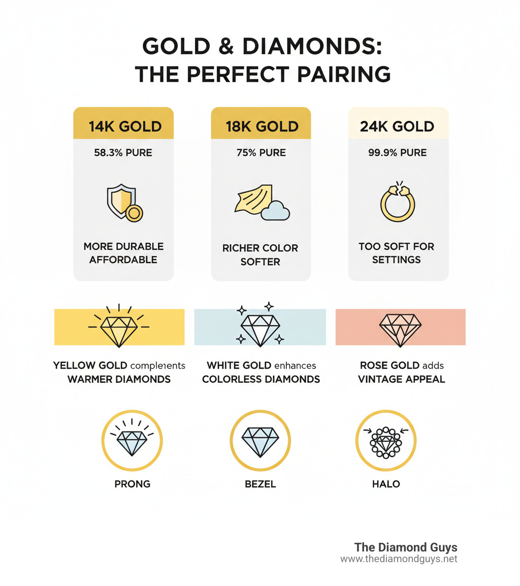 Infographic showing the relationship between gold settings and diamonds: three columns comparing 14k gold (58.3% pure, more durable, affordable), 18k gold (75% pure, richer color, softer), and 24k gold (99.9% pure, too soft for settings); below shows how yellow gold complements warmer diamonds, white gold enhances colorless diamonds, and rose gold adds vintage appeal; bottom section illustrates common settings including prong, bezel, and halo with light reflection arrows - gold in diamonds infographic 