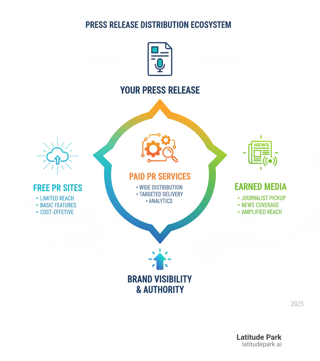 infographic showing the press release distribution ecosystem: starting with your press release, branching to free PR sites (limited reach, basic features, cost-effective), paid PR services (wide distribution, targeted delivery, analytics), and earned media (journalist pickup, news coverage, amplified reach) - pr sites infographic 