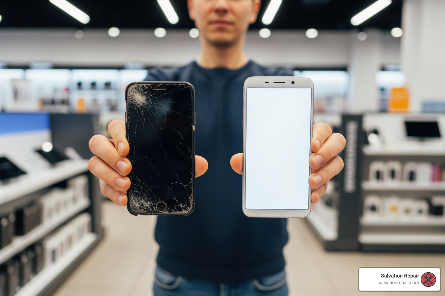 person comparing a broken phone to a new one in a store - mobile iphone repairs near me