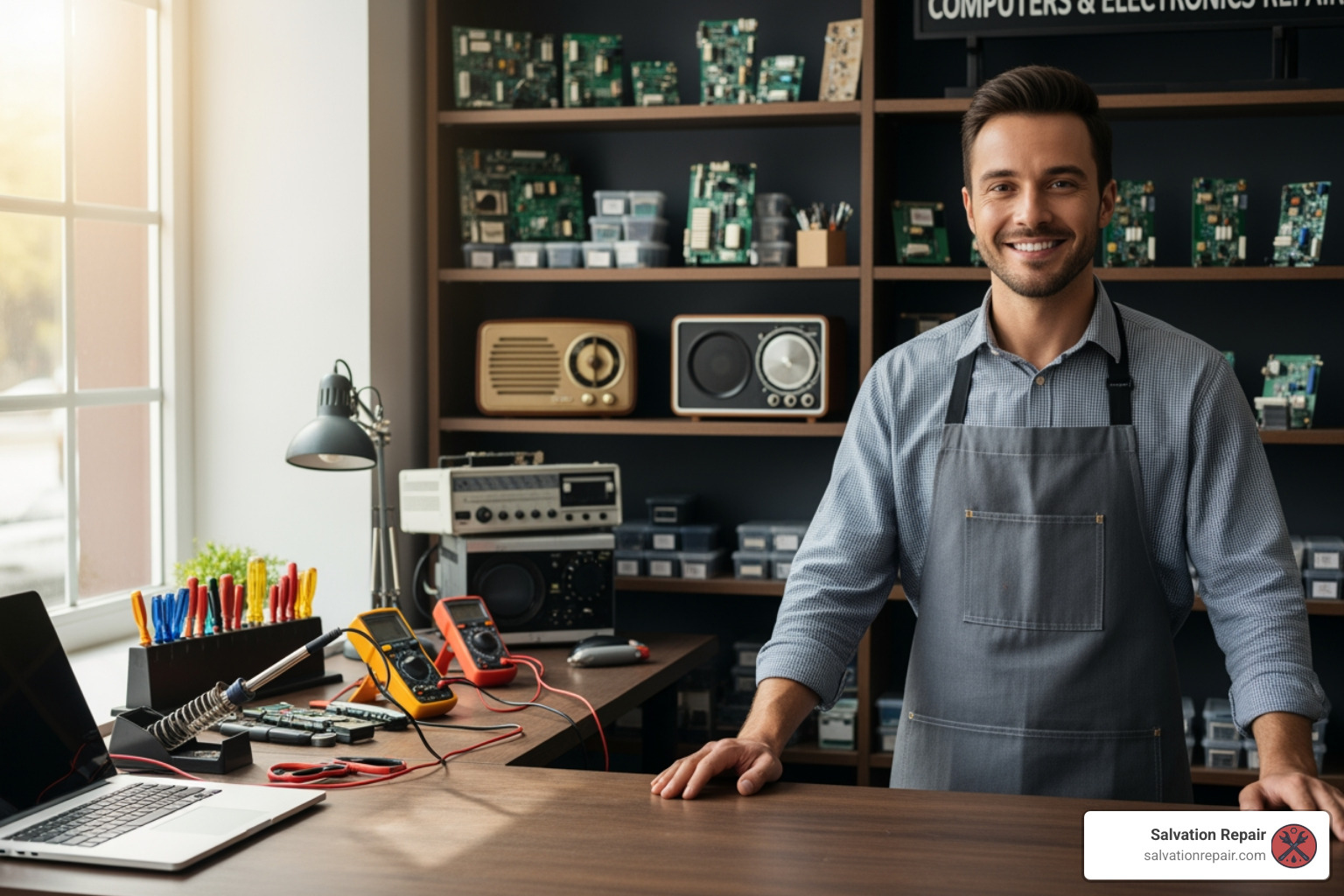 friendly technician at a local repair shop counter - mobile iphone repairs near me